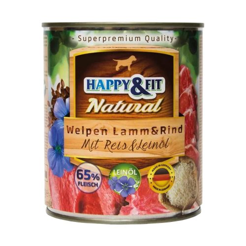 Happy&Fit Natural Junior Konzerv Kutyáknak (Bárány, Marha, Rizs és Lenmagolaj) - 800 g