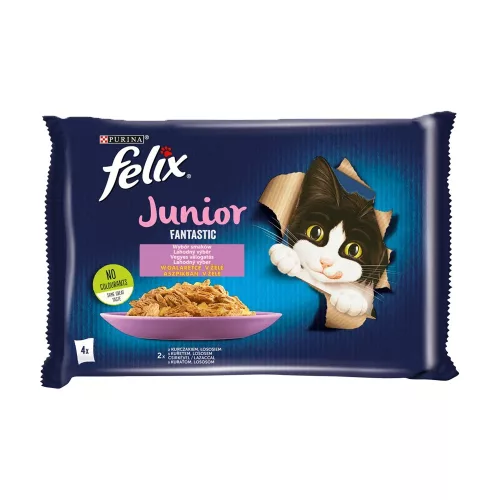 Felix Fantastic Junior Nedves Macskaeledel Aszpikban (Csirke és Lazac) - 4x85 g