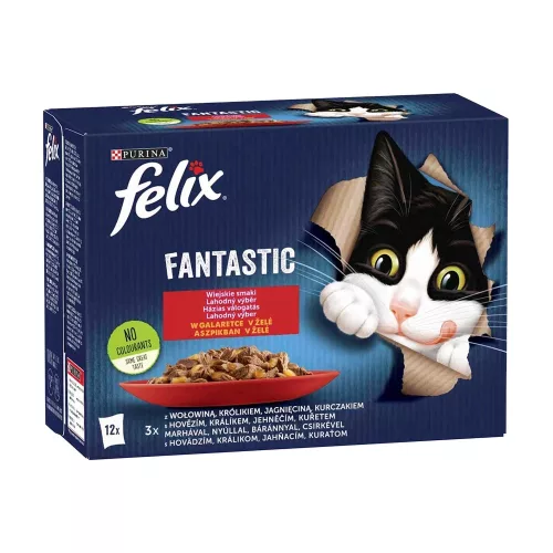 Felix Fantastic Házias Válogatás Nedves Macskaeledel Aszpikban (Marha, Nyúl, Bárány, Csirke) - 12x85 g