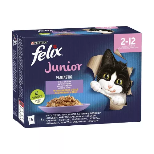 Felix Fantastic Vegyes Válogatás Junior Nedves Macskaeledel Aszpikban (Marha, Csirke, Szardínia, Lazac) - 12x85 g