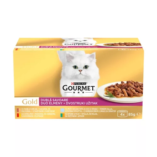 Gourmet Gold Duó Élmény Nedves Macskaeledel (Kacsa és Pulyka, Tengeri hal és Spenót, Marha és Csirke, Nyúl és Máj) - 4x85 g