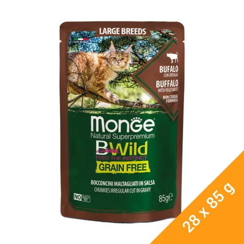 Monge BWild Gabonamentes Alutasakos Macskaeledel Nagytestű Macskáknak (Bölény és Zöldségek) - 28x85 g