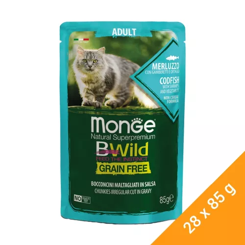 Monge BWild Adult Gabonamentes Alutasakos Macskaeledel (Tőkehal, Garnéla és Zöldségek) - 28x85 g