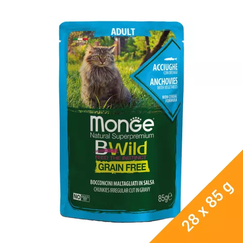 Monge BWild Adult Gabonamentes Alutasakos Macskaeledel (Szardella és Zöldségek) - 28x85 g