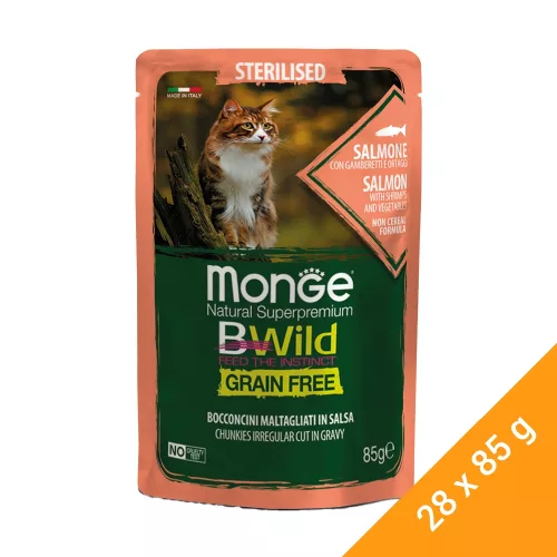 Monge BWild Sterilised Gabonamentes Alutasakos Macskaeledel (Lazac, Garnéla és Zöldségek) - 28x85 g