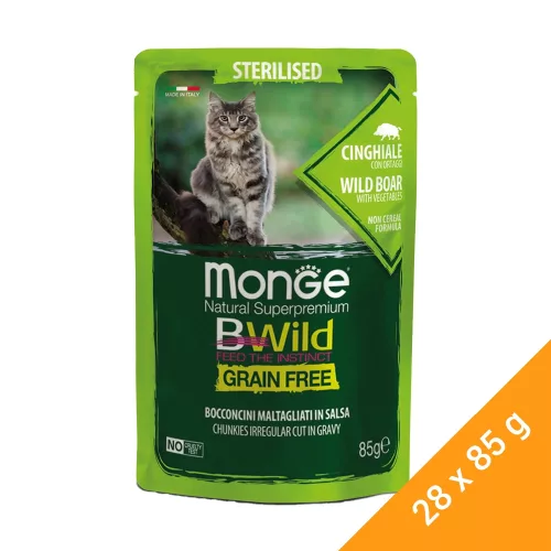 Monge BWild Sterilised Gabonamentes Alutasakos Macskaeledel (Vaddisznó és Zöldségek) - 28x85 g