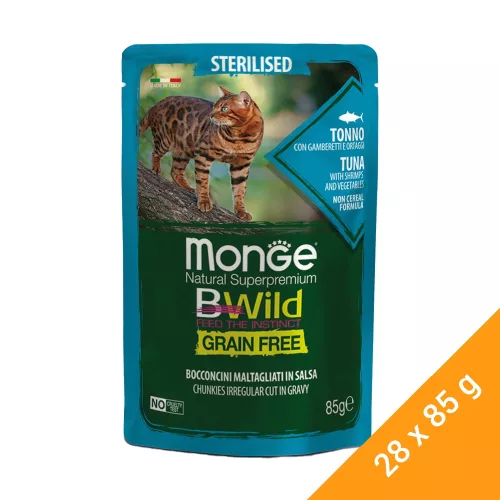 Monge BWild Sterilised Gabonamentes Alutasakos Macskaeledel (Tonhal, Garnéla és Zöldségek) - 28x85 g