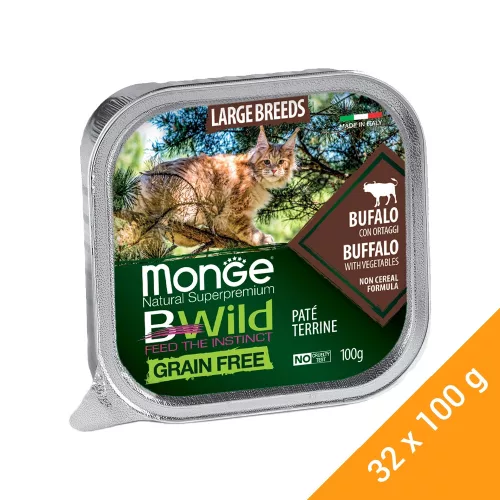 Monge BWild Gabonamentes Alutálcás Macskaeledel Nagytestű Macskáknak (Bölény és Zöldségek) - 32x100 g