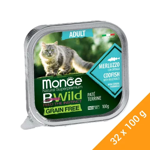 Monge BWild Adult Gabonamentes Alutálcás Macskaeledel (Tőkehal és Zöldségek) - 32x100 g