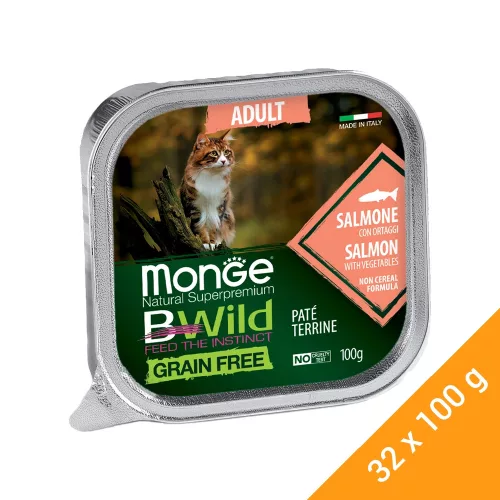 Monge BWild Adult Gabonamentes Alutálcás Macskaeledel (Lazac és Zöldségek) - 32x100 g