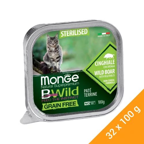 Monge BWild Sterilised Gabonamentes Alutálcás Macskaeledel (Vaddisznó és Zöldségek) - 32x100 g