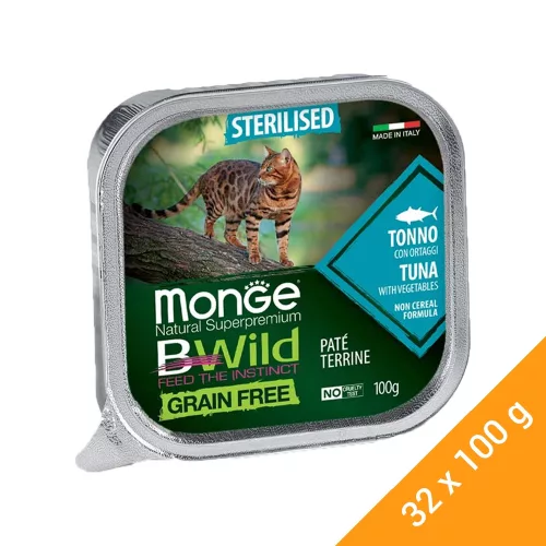 Monge BWild Sterilised Gabonamentes Alutálcás Macskaeledel (Tonhal és Zöldségek) - 32x100 g