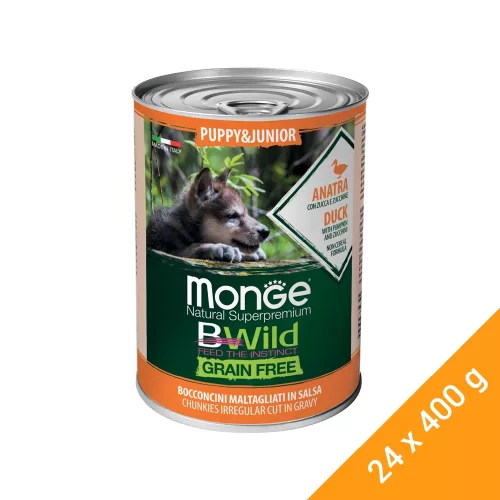 Monge BWild Puppy & Junior Gabonamentes Konzerv Kutyáknak (Kacsa, Sütőtök és Cukkini) - 24x400 g