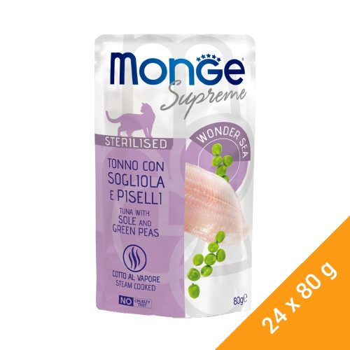 Monge Supreme Steril Alutasakos Macskaeledel (Tonhal, Nyelvhal és Borsó) - 24x80 g