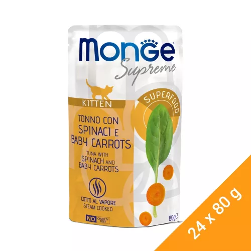 Monge Supreme Kitten Alutasakos Macskaeledel (Tonhal, Spenót és Bébirépa) - 24x80 g