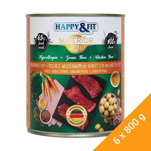 Happy&Fit Superior Konzerv Kutyáknak (Friss Vaddisznó, Sárgarépa és Burgonya) - 6x800 g