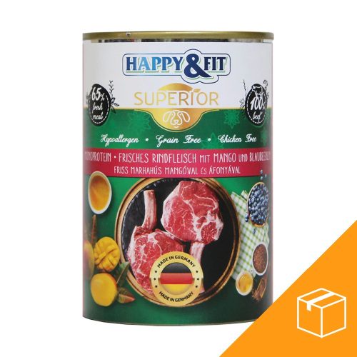 Happy&Fit Superior Konzerv Kutyáknak (Marha, Mangó és Áfonya) - 6x400 g