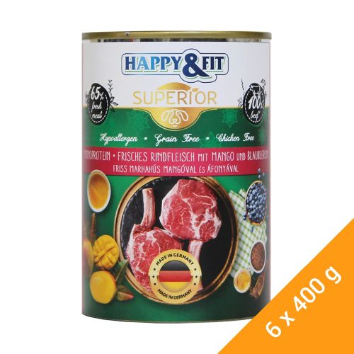 Happy&Fit Superior Konzerv Kutyáknak (Friss Marha, Mangó és Áfonya) - 6x400 g