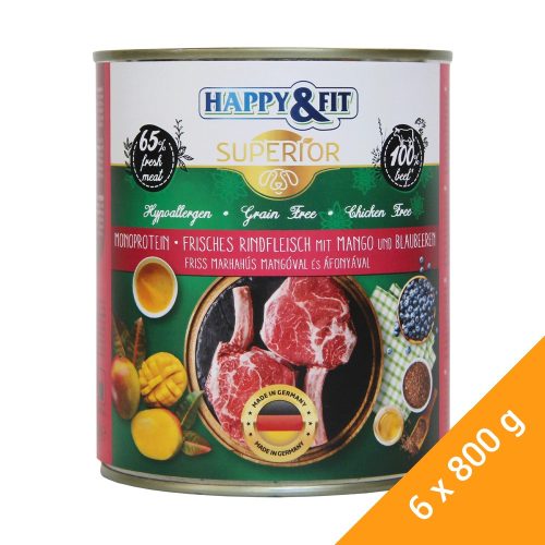 Happy&Fit Superior Konzerv Kutyáknak (Friss Marha, Mangó és Áfonya) - 6x800 g