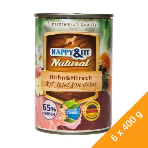 Happy&Fit Natural Konzerv Kutyáknak (Csirke, Szarvas, Alma és Sáfrányolaj) - 6x400 g