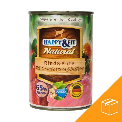 Happy&Fit Natural Konzerv Kutyáknak (Marha, Pulyka, Áfonya és Sáfrányolaj) - 6x400 g