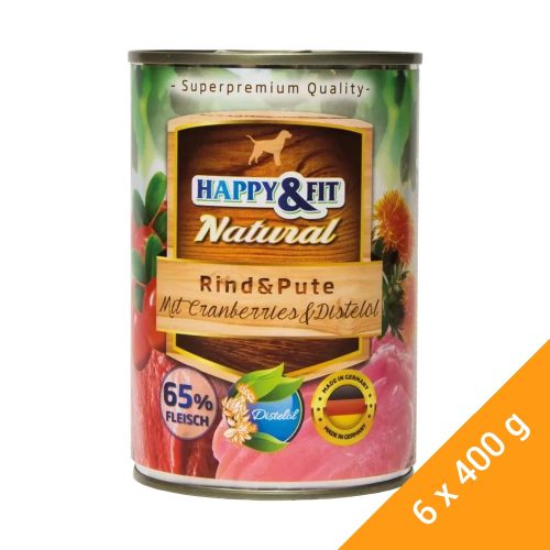 Happy&Fit Natural Konzerv Kutyáknak (Marha, Pulyka, Áfonya és Sáfrányolaj) - 6x400 g