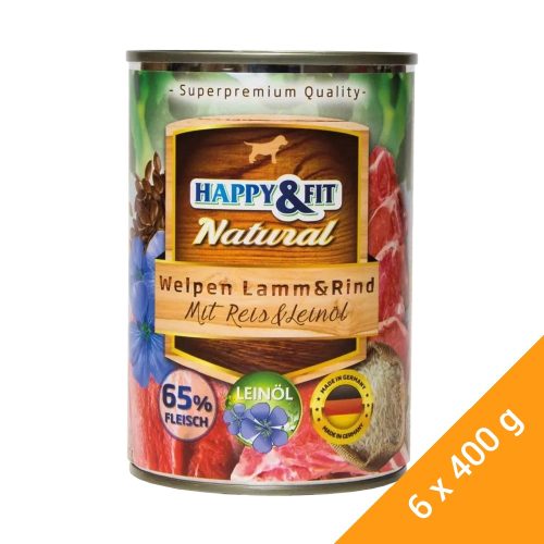 Happy&Fit Natural Junior Konzerv Kutyáknak (Bárány, Marha, Rizs és Lenmagolaj) - 6x400 g