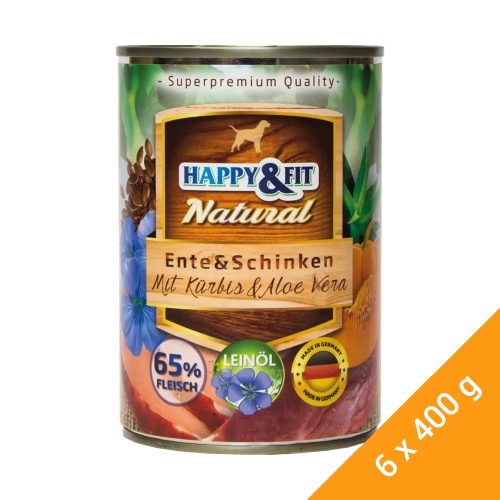 Happy&Fit Natural Konzerv Kutyáknak (Kacsa, Sonka, Sütőtök és Aloe vera) - 6x400 g