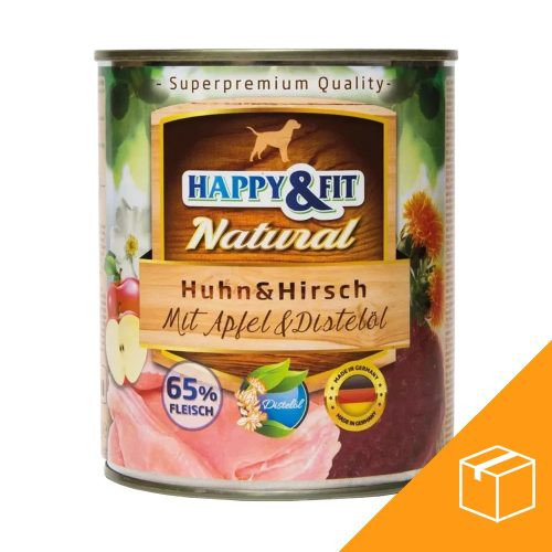 Happy&Fit Natural Konzerv Kutyáknak (Csirke, Szarvas, Alma és Sáfrányolaj) - 6x800 g