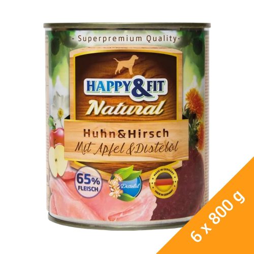 Happy&Fit Natural Konzerv Kutyáknak (Csirke, Szarvas, Alma és Sáfrányolaj) - 6x800 g
