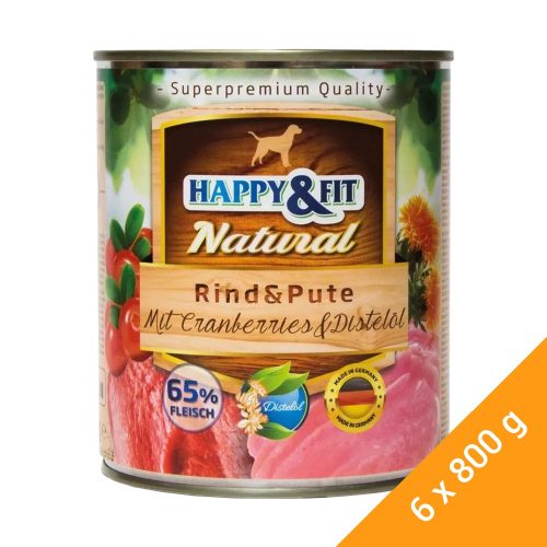Happy&Fit Natural Konzerv Kutyáknak (Marha, Pulyka, Áfonya és Sáfrányolaj) - 6x800 g
