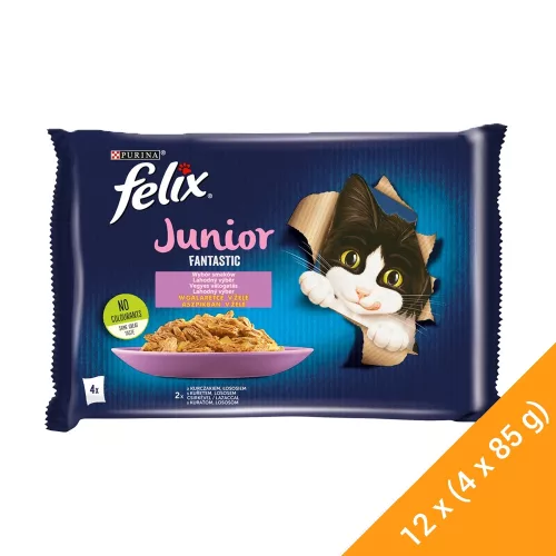 Felix Fantastic Junior Nedves Macskaeledel Aszpikban (Csirke és Lazac) - 12x(4x85 g)