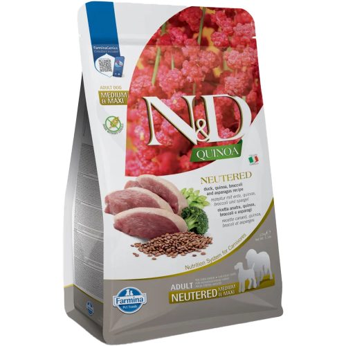 N&D Quinoa Neutered Medium & Maxi Adult Gabonamentes Száraz Kutyatáp (Kacsa, Brokkoli és Spárga) - 2,5 kg