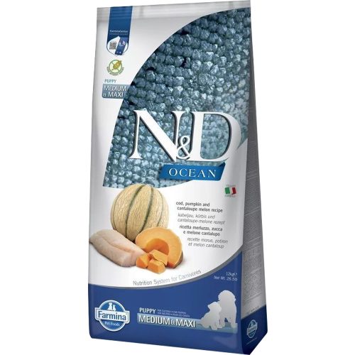N&D Ocean Medium & Maxi Puppy Gabonamentes Száraz Kutyatáp (Tőkehal, Sütőtök és Sárgadinnye) - 12 kg