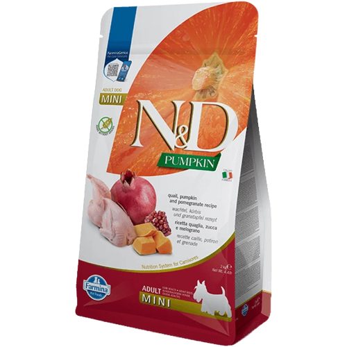 N&D Pumpkin Mini Adult Gabonamentes Száraz Kutyatáp (Fürj, Sütőtök és Gránátalma) - 2 kg