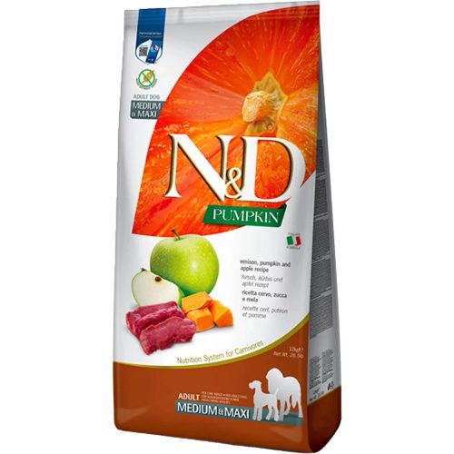 N&D Pumpkin Medium & Maxi Adult Gabonamentes Száraz Kutyatáp (Szarvas, Sütőtök és Alma) - 12 kg