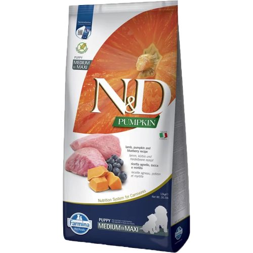 N&D Pumpkin Medium & Maxi Puppy Gabonamentes Száraz Kutyatáp (Bárány, Áfonya és Sütőtök) - 12 kg