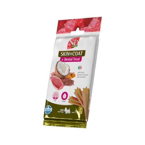N&D Quinoa Dental Treat Skin & Coat Mini Adult Monoprotein Gabonamentes Jutalomfalat Kutyáknak (Kacsa, Quinoa, Kókusz és Kurkuma) - 60 g