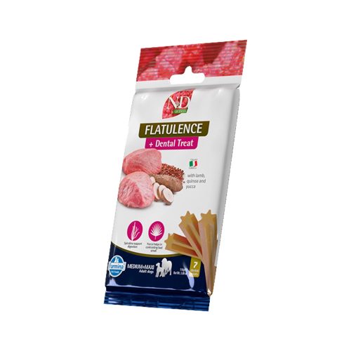 N&D Quinoa Dental Treat Flatulence Medium & Maxi Adult Gabonamentes Jutalomfalat Kutyáknak (Bárány, Quinoa és Jukka) - 100 g