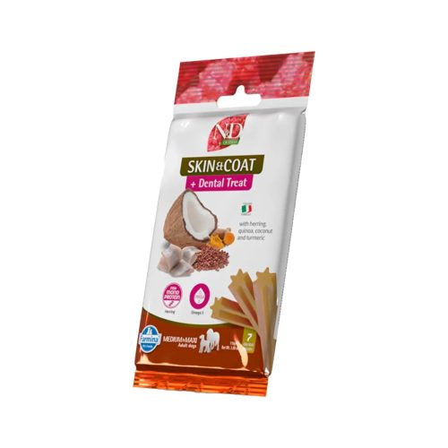 N&D Quinoa Dental Treat Skin & Coat Medium & Maxi Adult Monoprotein Gabonamentes Jutalomfalat Kutyáknak (Hering, Quinoa, Kókusz és Kurkuma) - 100 g