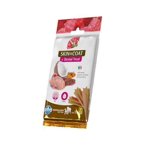 N&D Quinoa Dental Treat Skin & Coat Medium & Maxi Adult Monoprotein Gabonamentes Jutalomfalat Kutyáknak (Fürj, Quinoa, Kókusz és Kurkuma) - 100 g