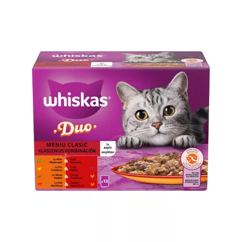 Whiskas Duo Klasszikus Válogatás Alutasakos Macskaeledel Aszpikban (Bárány és Kacsa, Csirke és Máj, Vad és Pulyka, Marha és Baromfi) - 12x85 g