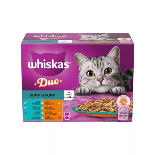 Whiskas Duo Surf & Turf Alutasakos Macskaeledel Aszpikban (Tőkehal és Csirke, Lazac és Pulyka, Tonhal és Pisztráng, Baromfi és Marha) - 12x85 g