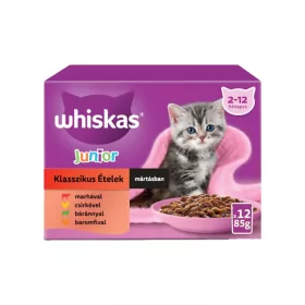   Whiskas Krémes Klasszikus Válogatás Junior Alutasakos Macskaeledel Szószban (Marha, Csirke, Baromfi, Bárány) - 12x85 g