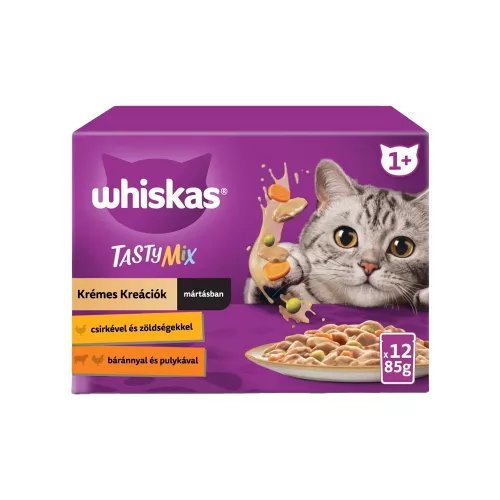 Whiskas Tasty Mix Krémes Válogatás Alutasakos Macskaeledel Szószban (Csirke és Zöldségek, Bárány és Pulyka) - 12x85 g