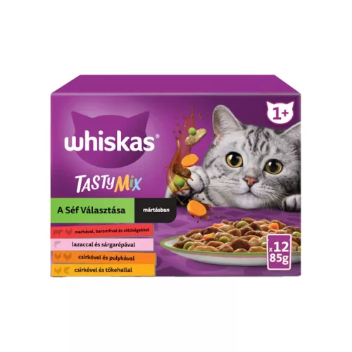 Whiskas Tasty Mix A Séf Választása Alutasakos Macskaeledel Szószban (Marha, Baromfi és Zöldségek, Lazac és Sárgarépa, Csirke és Pulyka, Csirke és Tőkehal) - 12x85 g