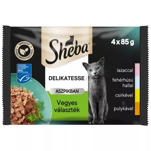 Sheba Delicacy Vegyes Választék Alutasakos Macskaeledel (Lazac, Fehérhúsú hal, Csirke, Pulyka) - 4x85 g