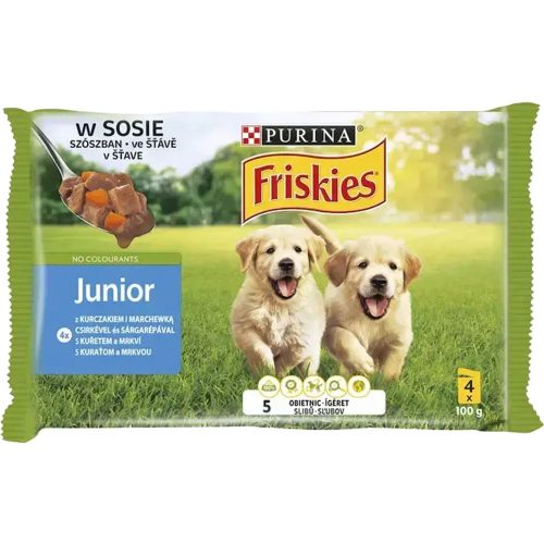 Friskies Junior Nedves Kutyaeledel Szószos Válogatás (Csirke és Sárgarépa) - 4x100 g