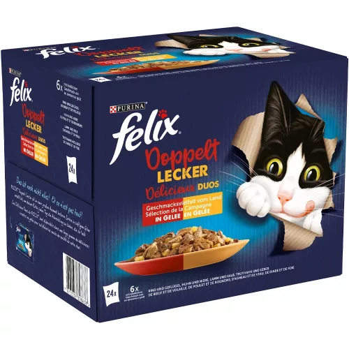 Felix Fantastic Duo Házias Válogatás Nedves Macskaeledel Aszpikban (Marha és Szárnyas, Csirke és Vese, Bárány és Borjú, Pulyka és Máj) - 24x85 g