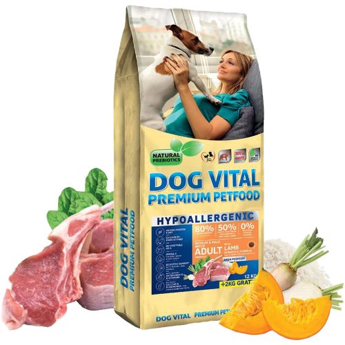 Dog Vital Hypoallergenic Medium & Maxi Breeds Adult Hipoallergén Száraz Kutyatáp (Bárány, Spenót és Sütőtök) - 12+2 kg